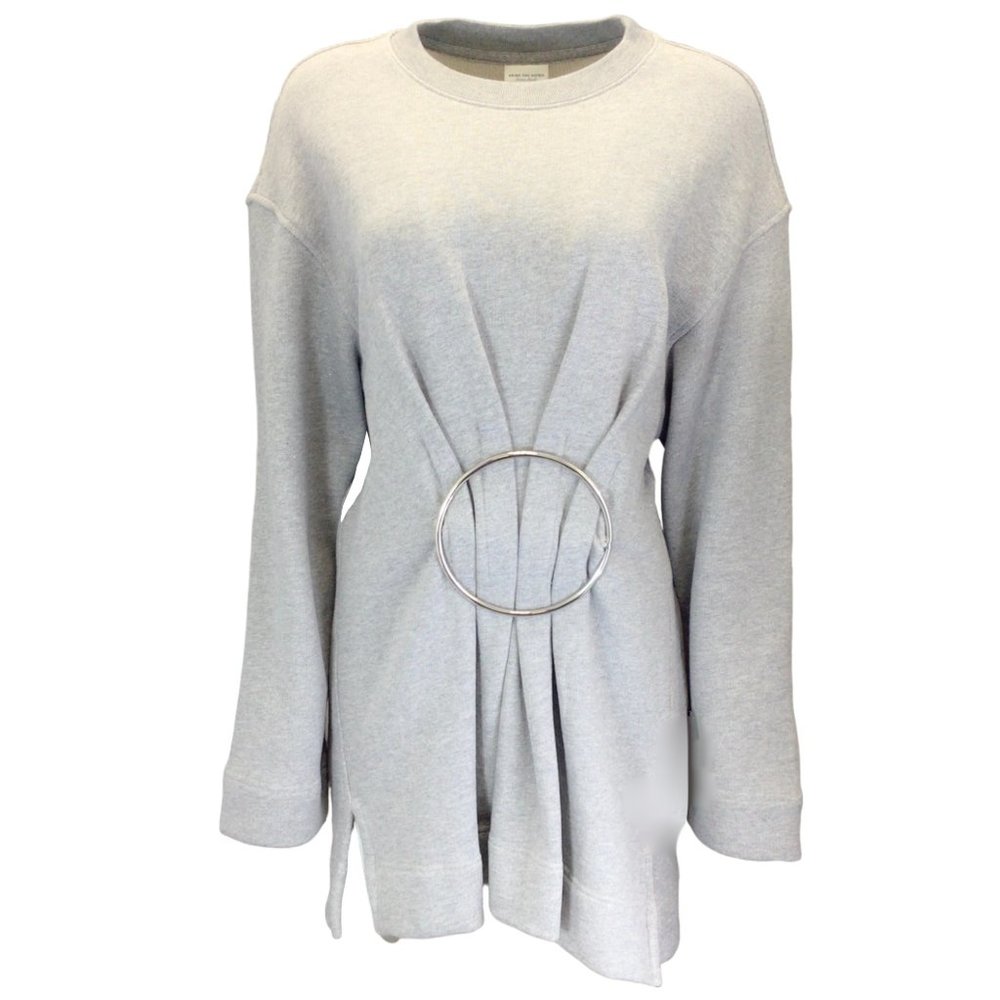 DRIES VAN NOTEN GREY / SILVER RING DETAIL LONG SLEEVED COTTON SWEATSHIRT DRESS